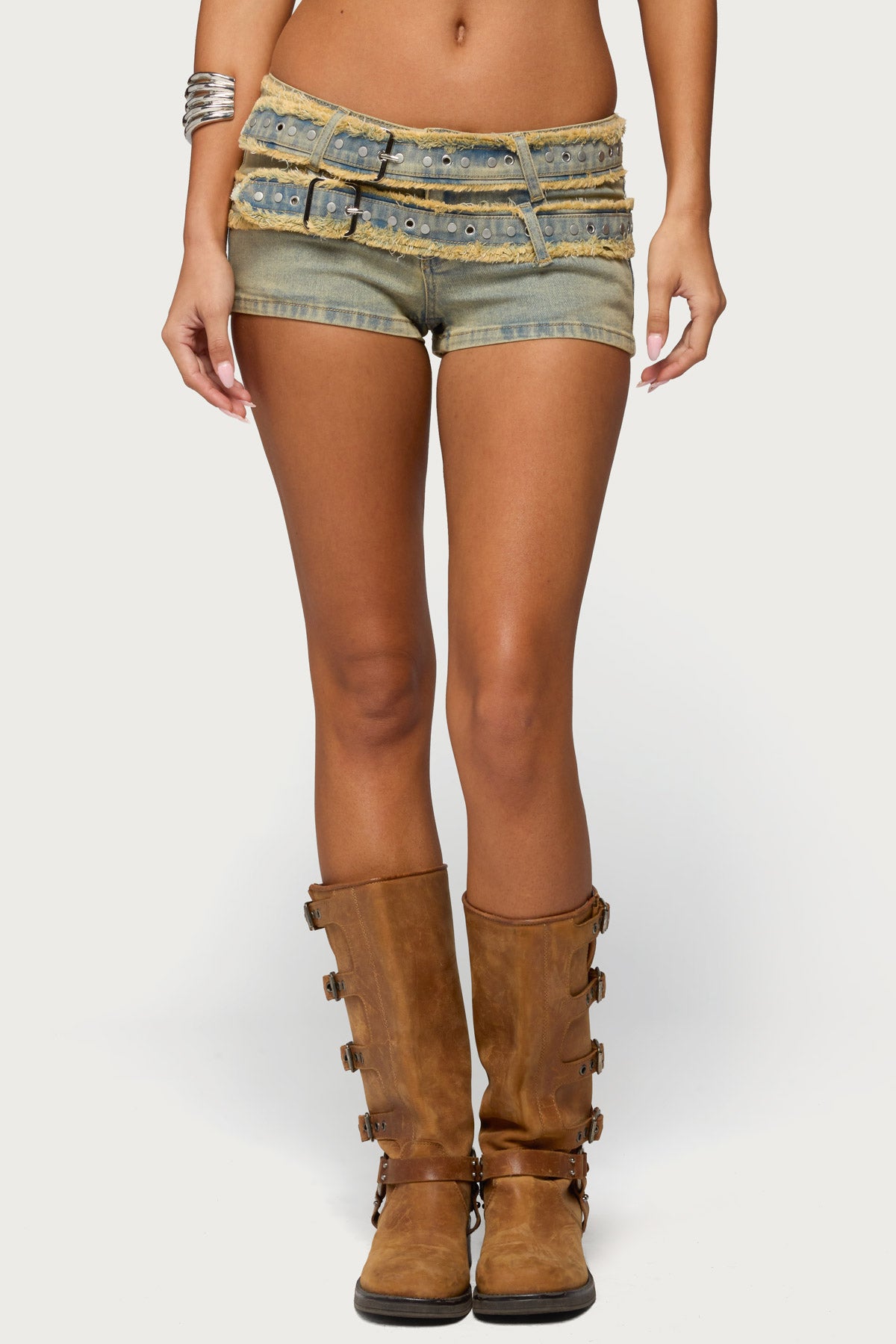 Alyza Distressed Belt Washed Denim Micro Shorts - Image 2