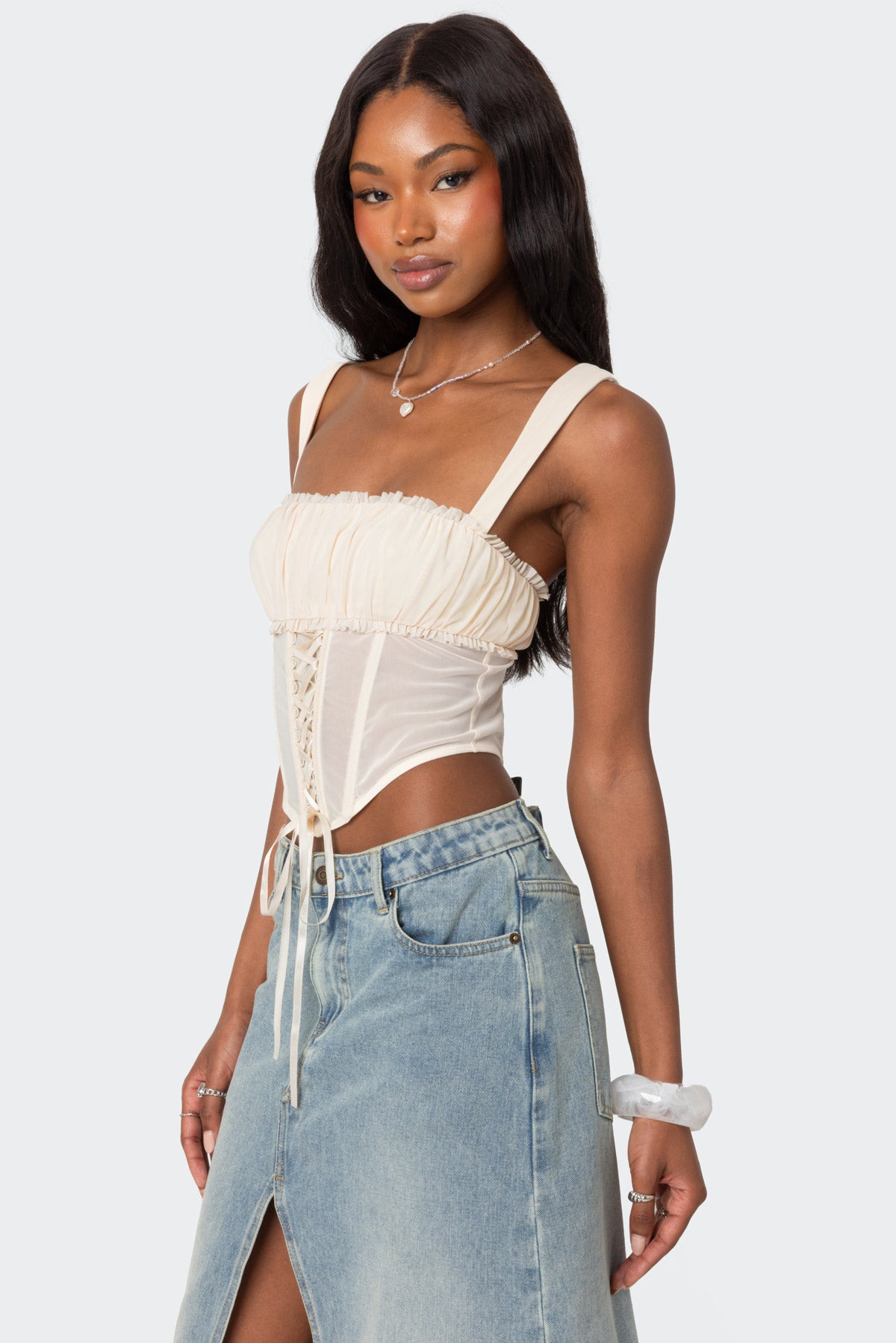 Dafne Gathered Sheer Mesh Corset - Image 3