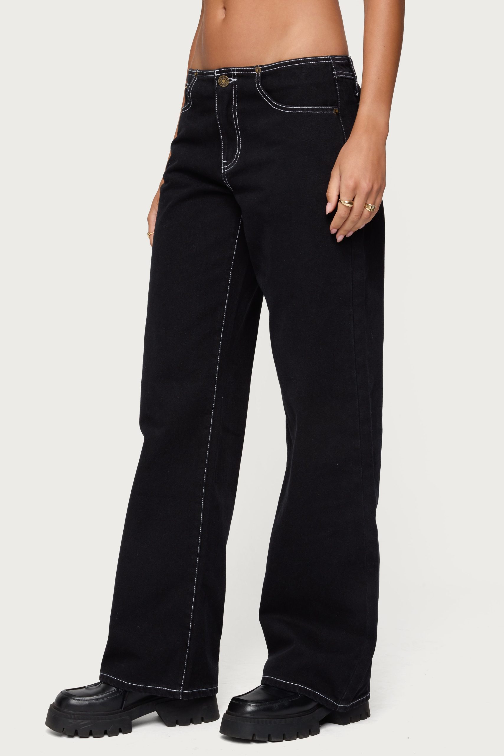 Contrast Stitch Low Rise Wide Leg Jeans - Image 4