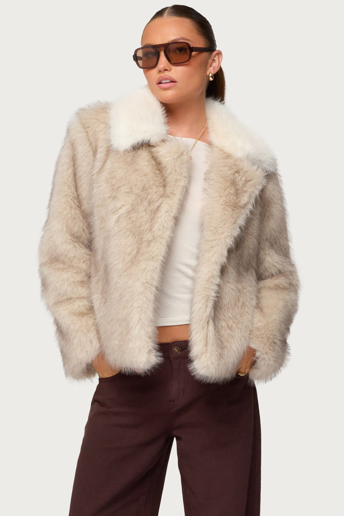 Contrast Collar Faux Fur Jacket - Image 2