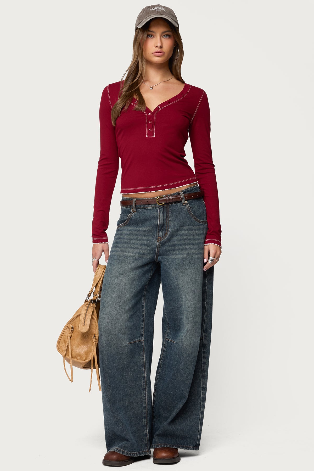 Yael Contrast Stitch Henley Top - Image 2