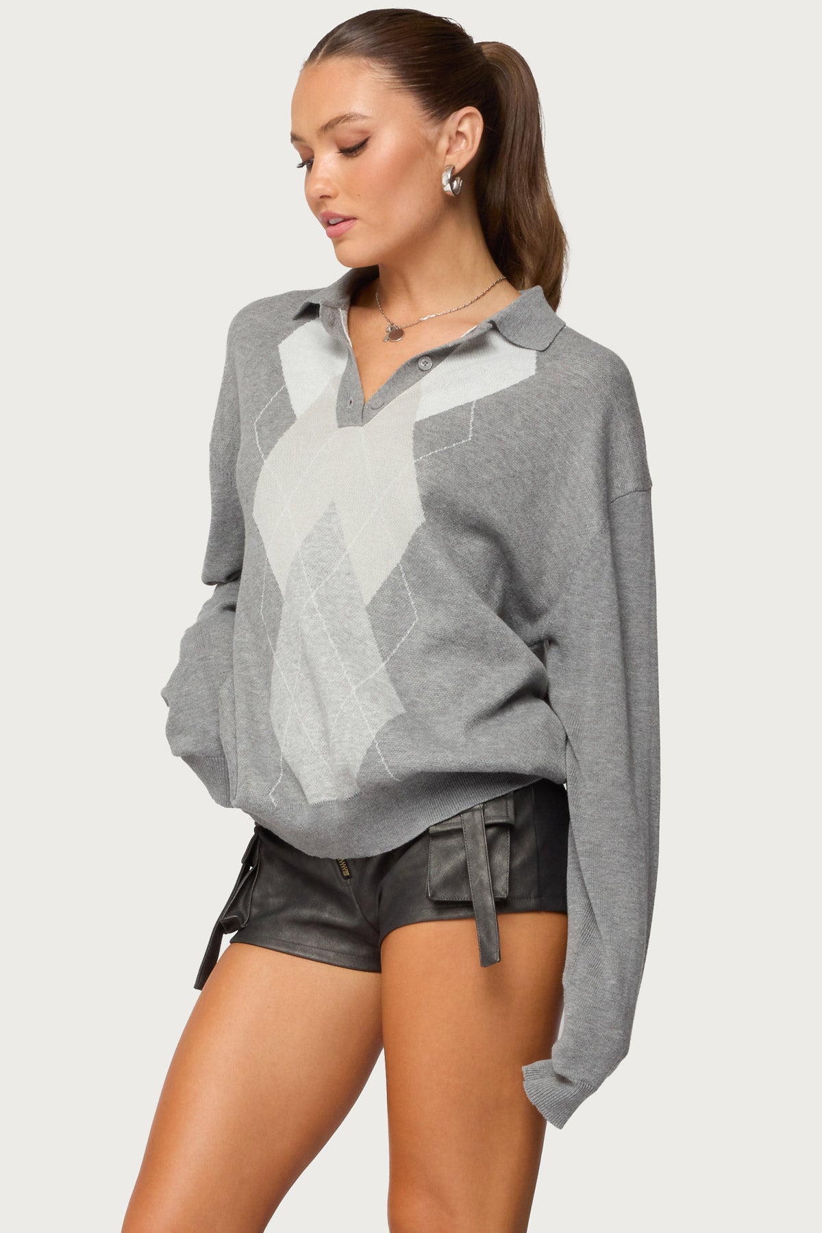 Kati Argyle Oversized Polo Sweater - Image 4