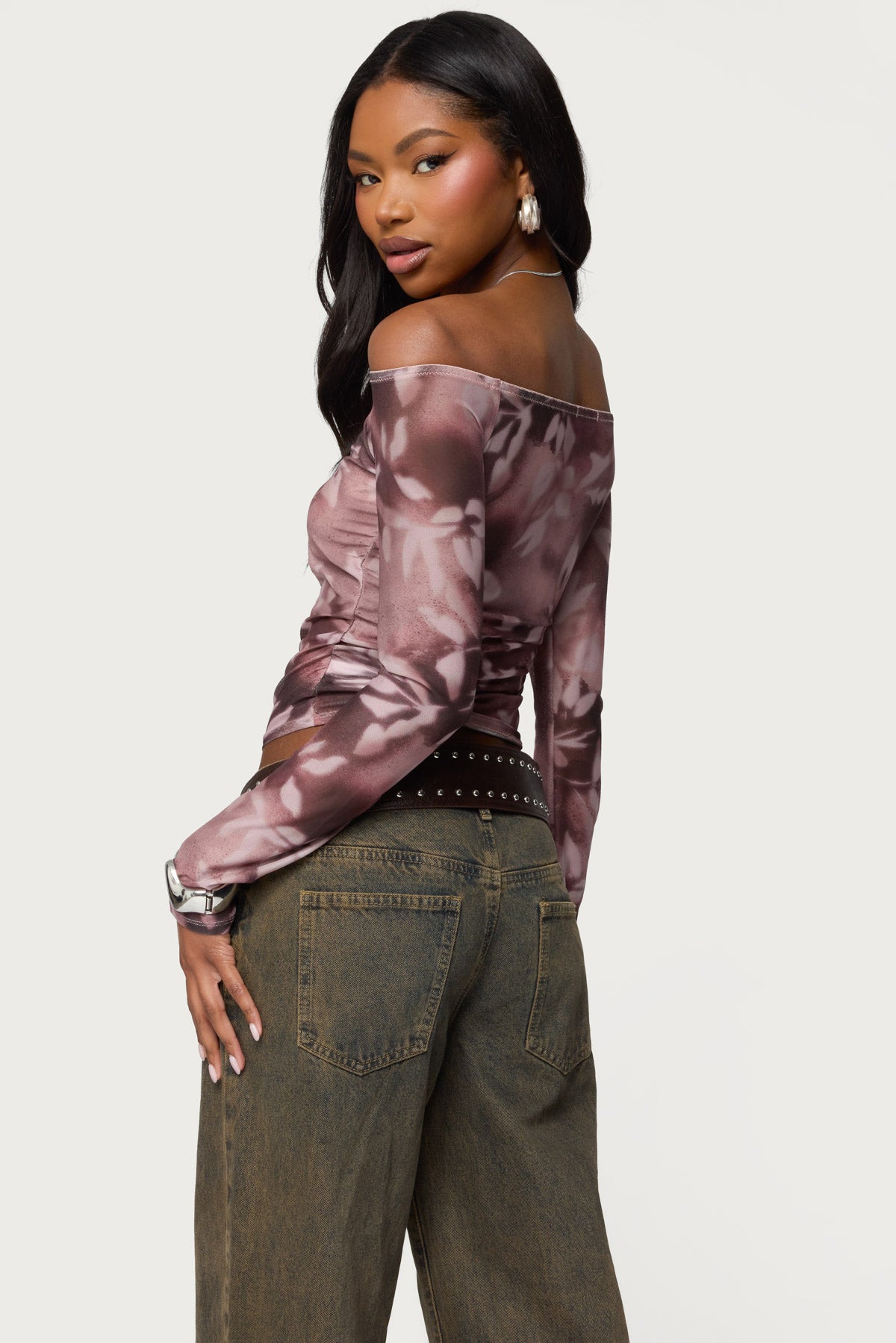 Off Shoulder Printed Sheer Mesh Top - Image 5