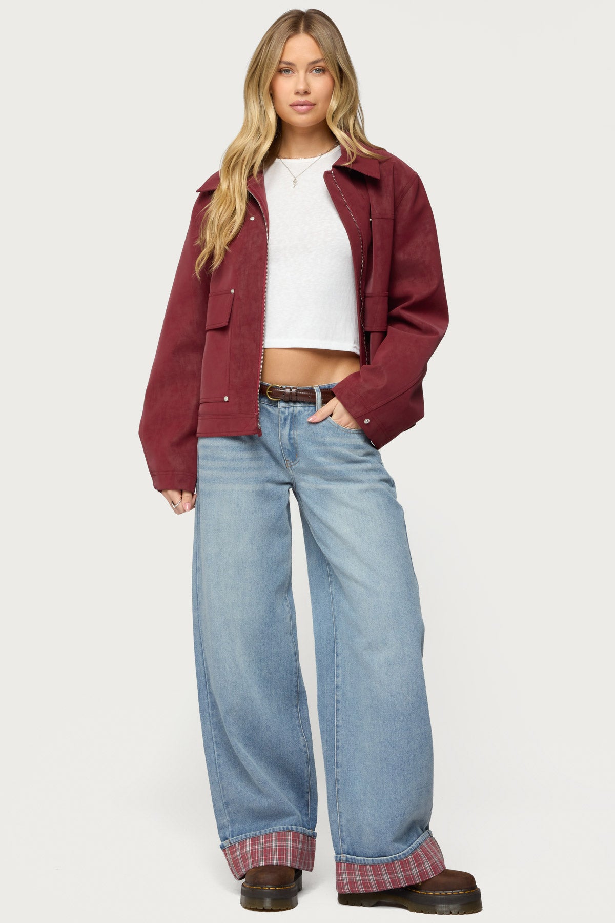 Plaid Cuffed Low Rise Baggy Jeans - Image 5