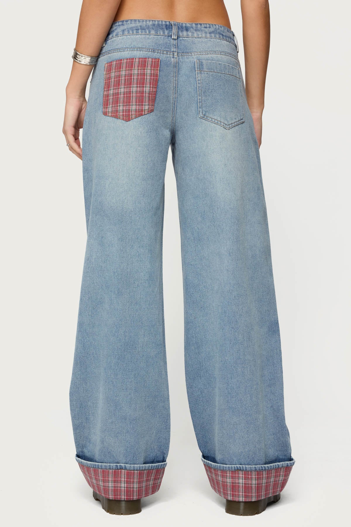 Plaid Cuffed Low Rise Baggy Jeans - Image 4