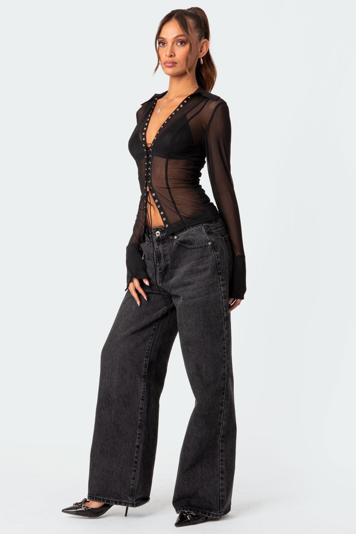 Lace Up Sheer Mesh Top - Image 4