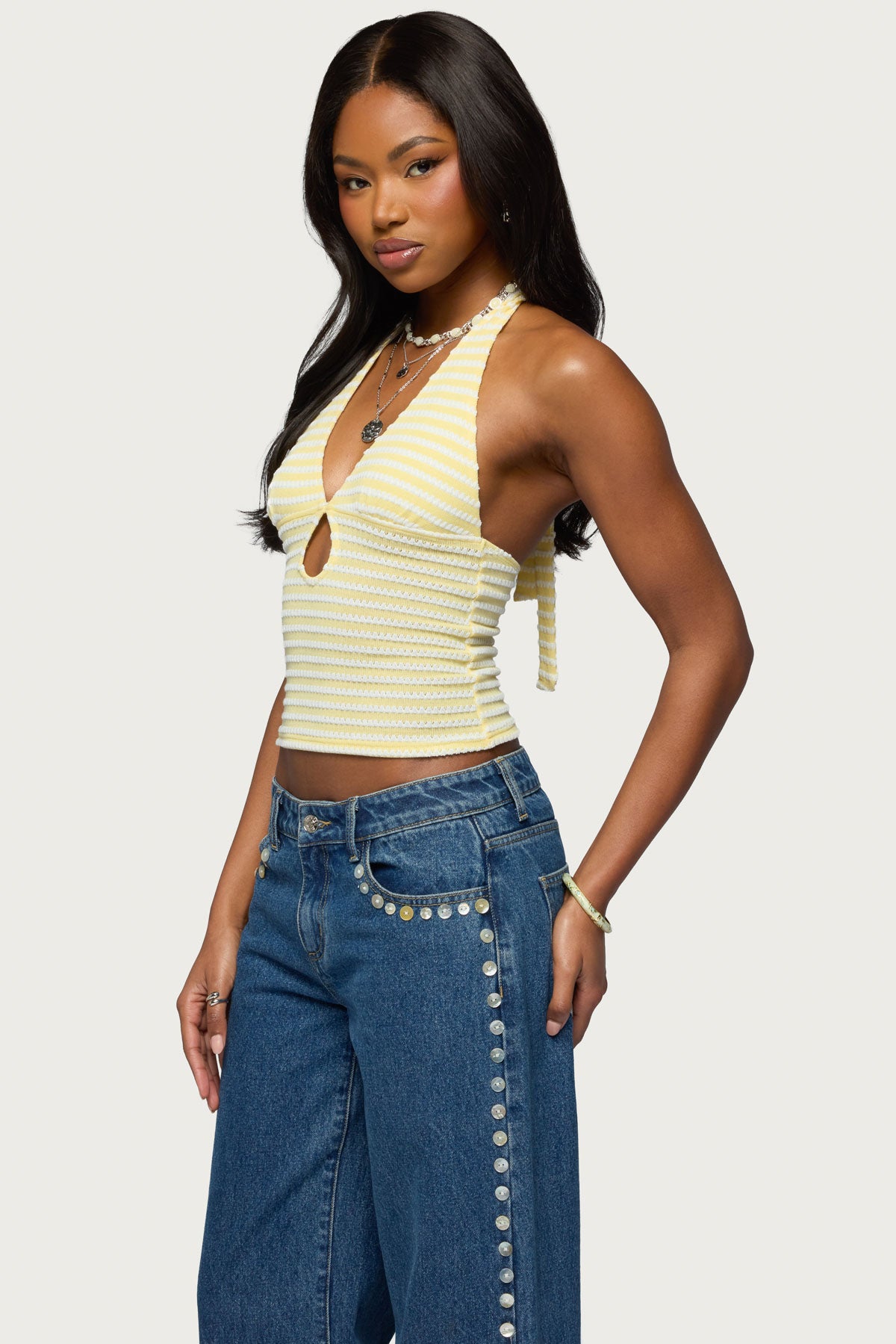 Maylah Keyhole Striped Textured Halter Top - Image 3