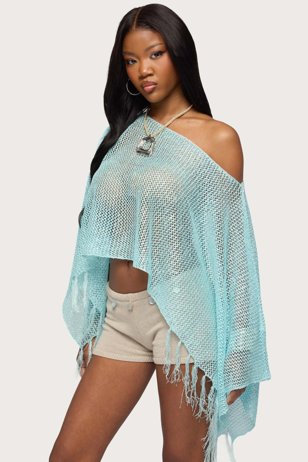 Sequin Fringe Knit Poncho - Image 3