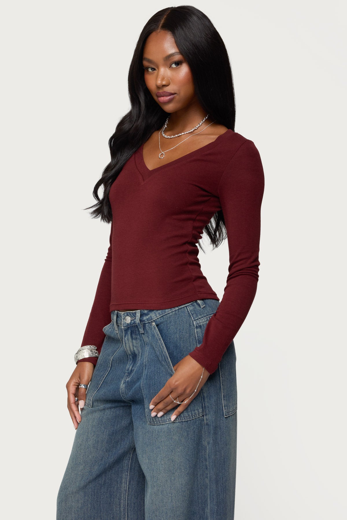 Larna V Neck Ribbed T Shirt - Image 3