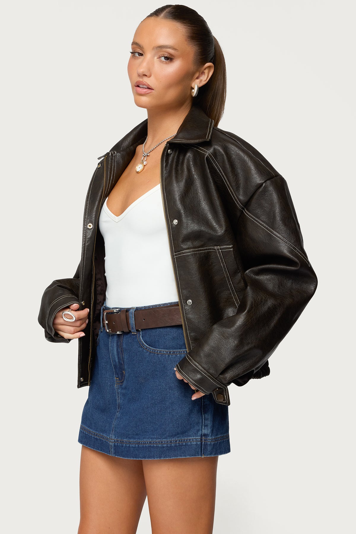 Jaxson Oversized Faux Leather Bomber Jacket - Image 3