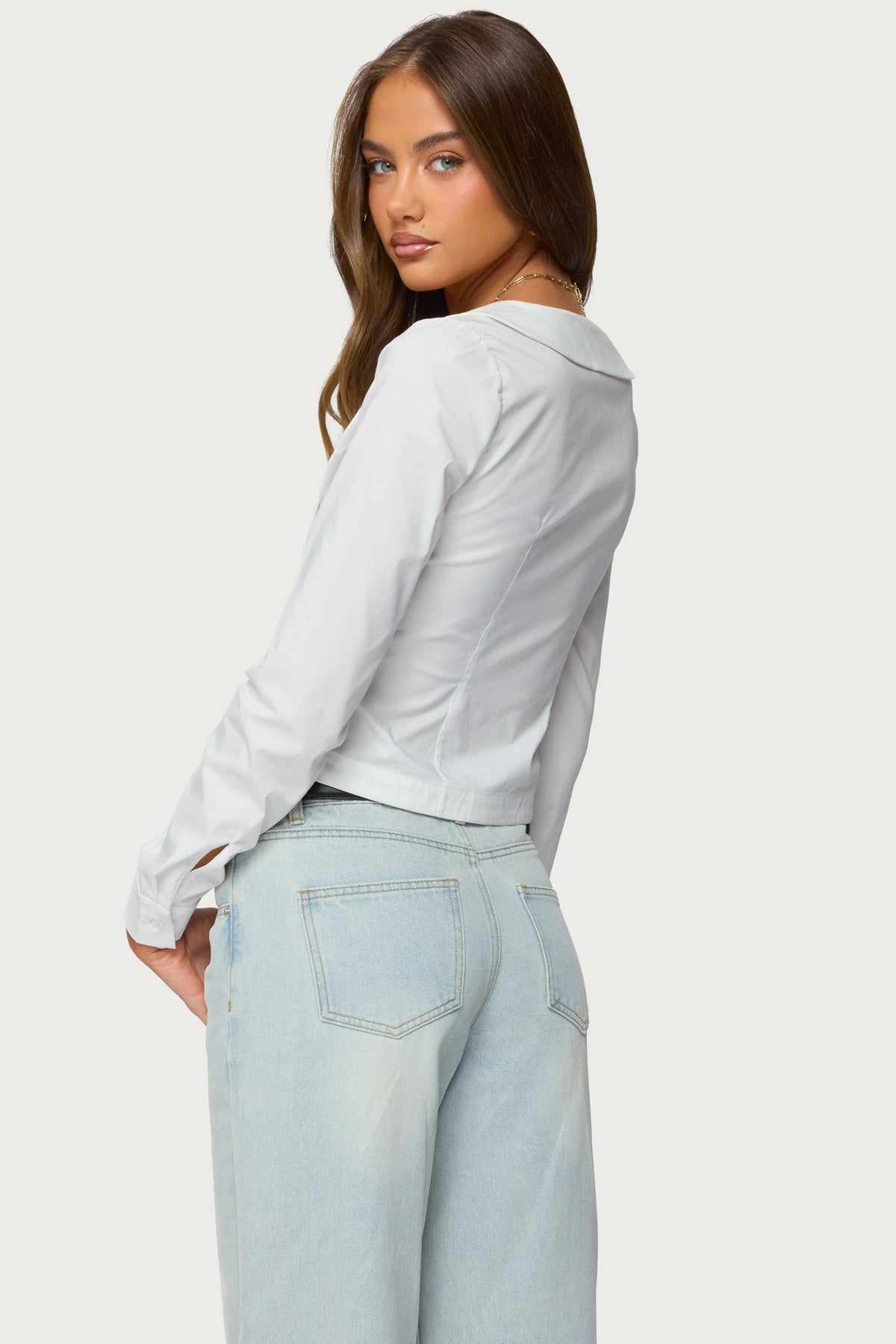 Scoop Neck Tailored Button Up Shirt - Image 3
