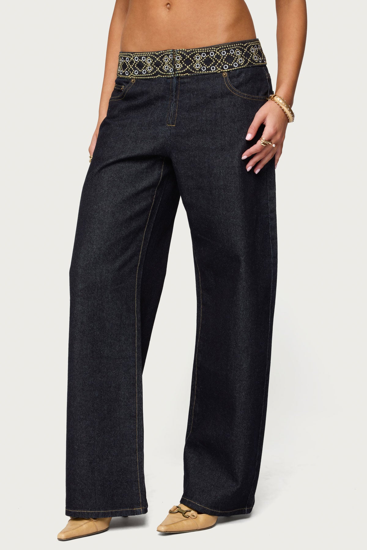 Carlie Embroidered Low Rise Wide Leg Jeans - Image 5