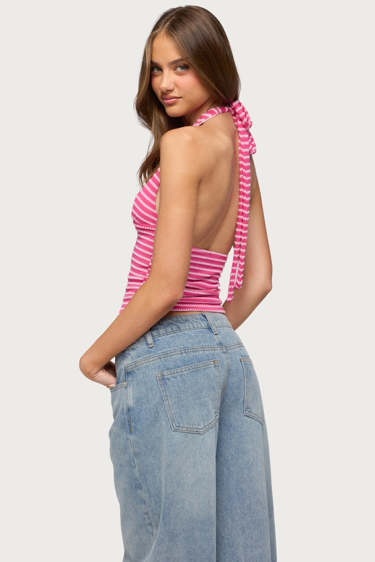 Maylah Keyhole Striped Textured Halter Top - Image 5