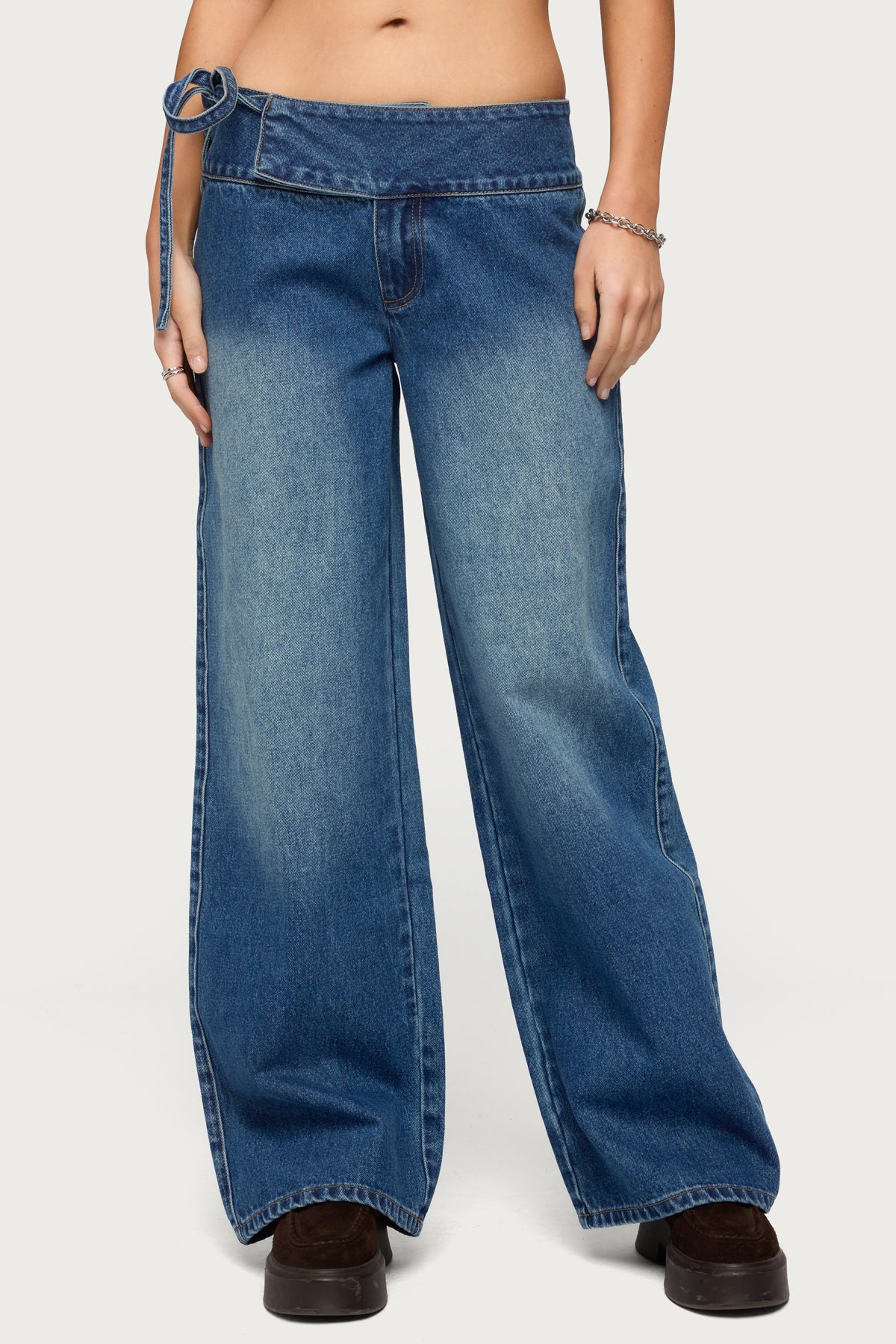 Cleo Tie Waist Low Rise Baggy Jeans - Image 2