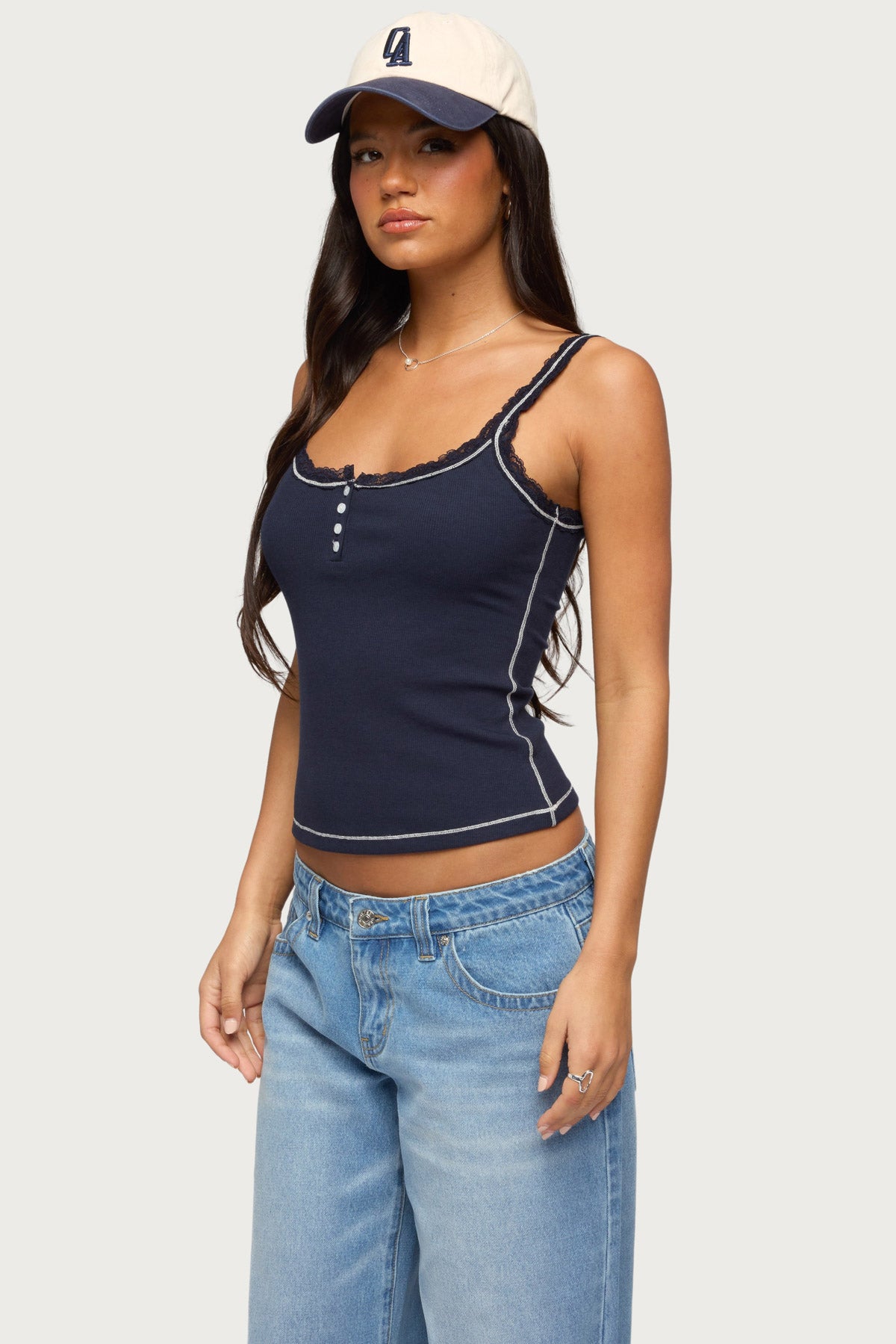 Contrast Stitched Lacey Henley Top - Image 3