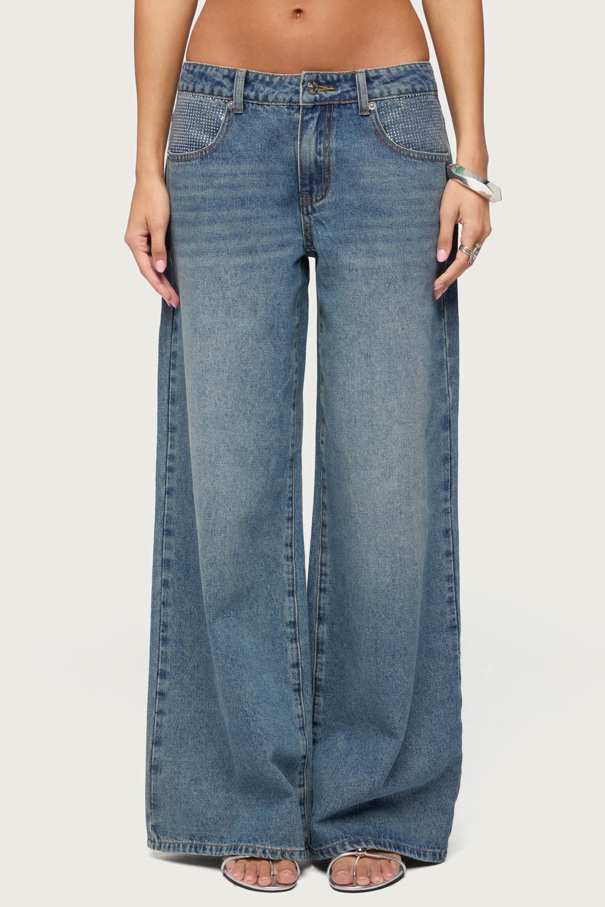 Rhinestone Low Rise Wide Leg Jeans - Image 2