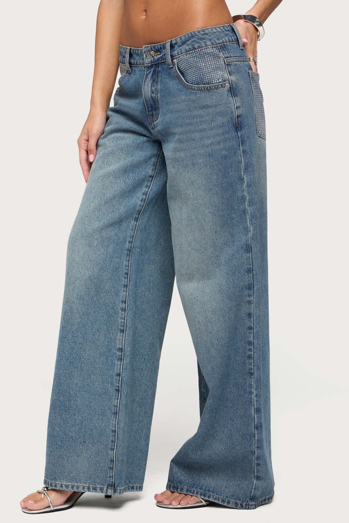 Rhinestone Low Rise Wide Leg Jeans - Image 3
