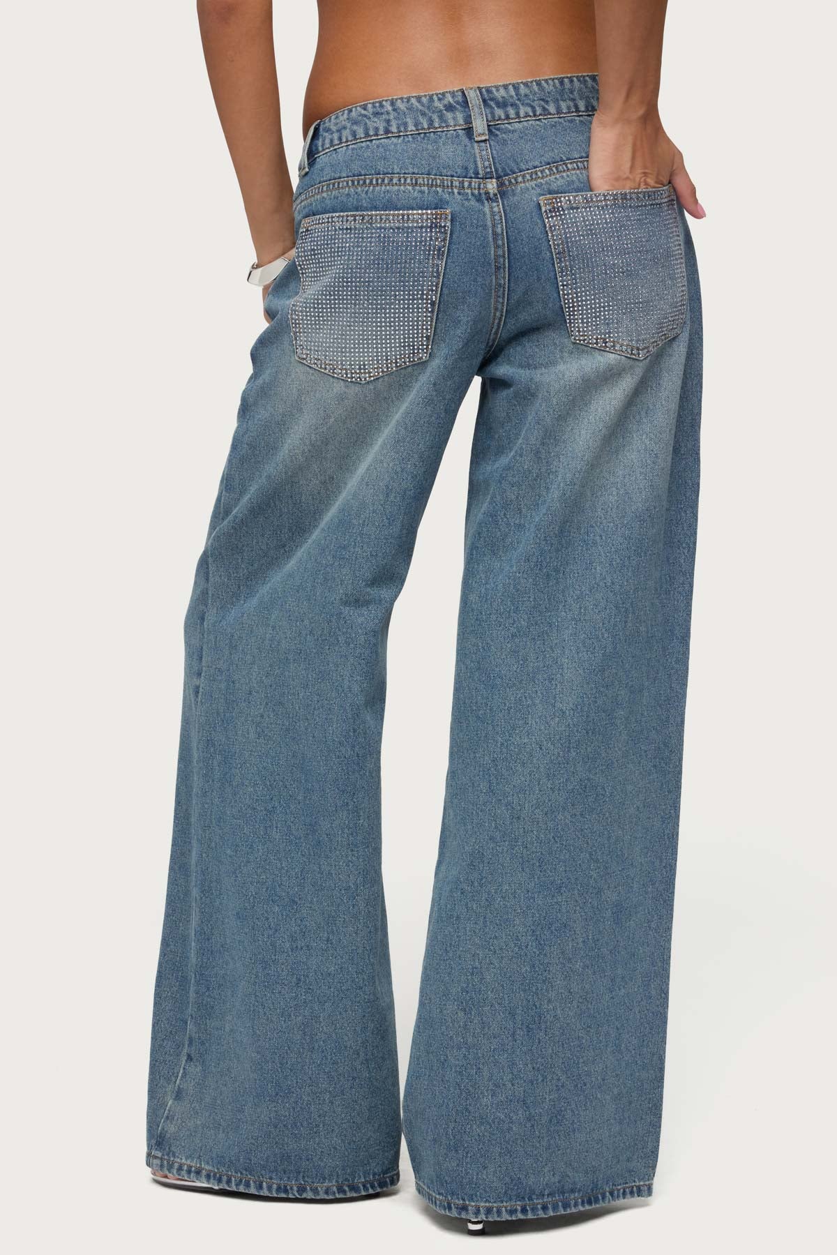 Rhinestone Low Rise Wide Leg Jeans - Image 4