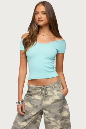 Moranne Lacey Off Shoulder Ribbed Top